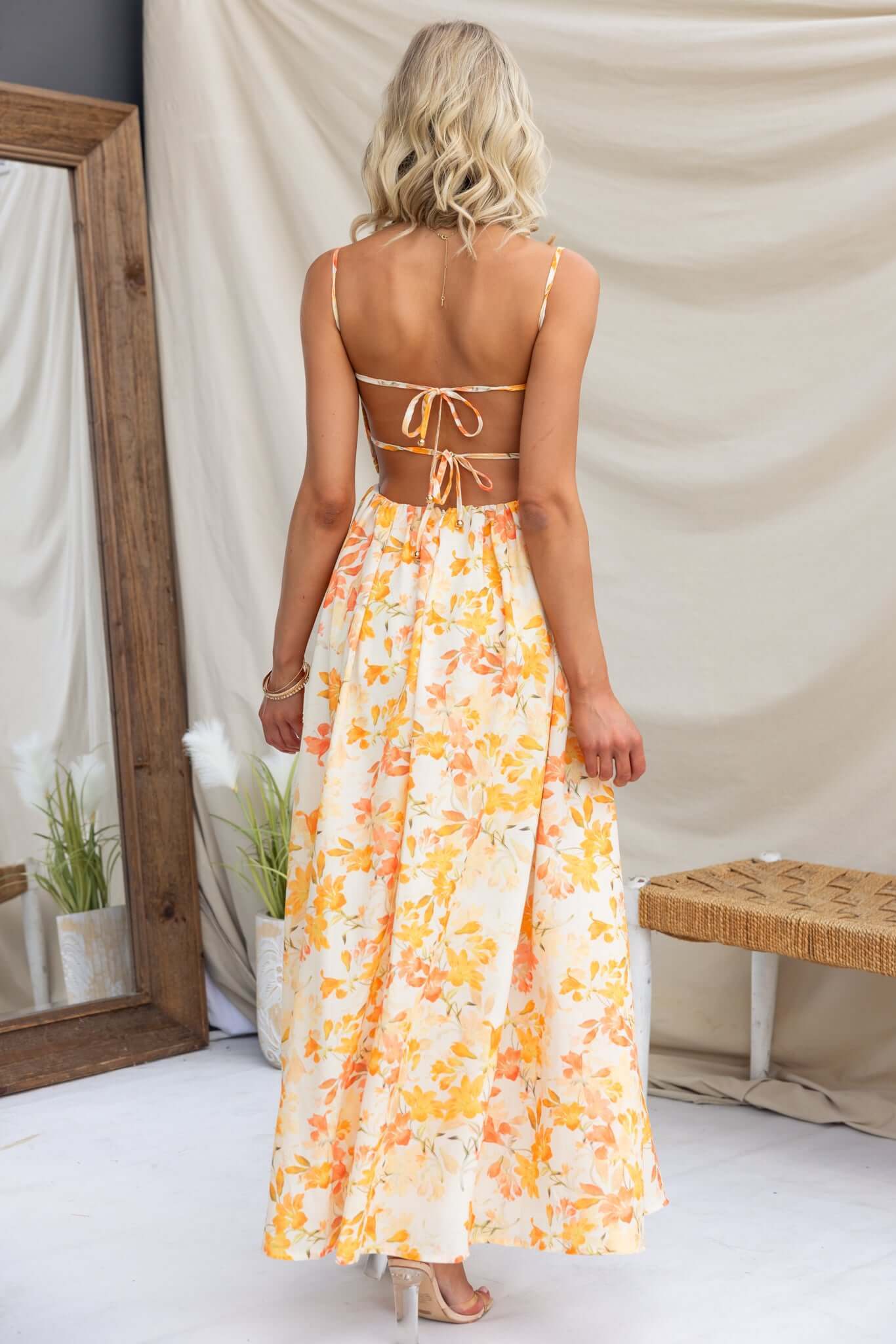 Women's Spaghetti Strap Floral Print Maxi Dress - Sweetheart Neck Corset Bodice A-Line Dress