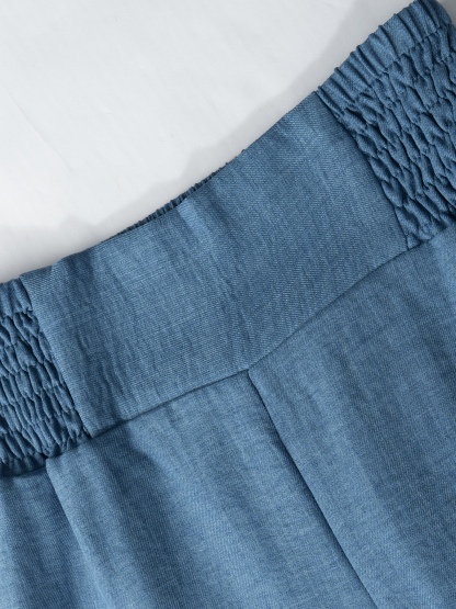 Women's Blue Smocked Waist Wide Leg Pants-Aegean-sea