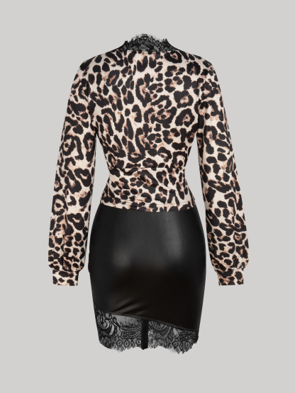 Fitted Leopard Top & Black Lace-Trimmed Satin Skirt Two Piece Set