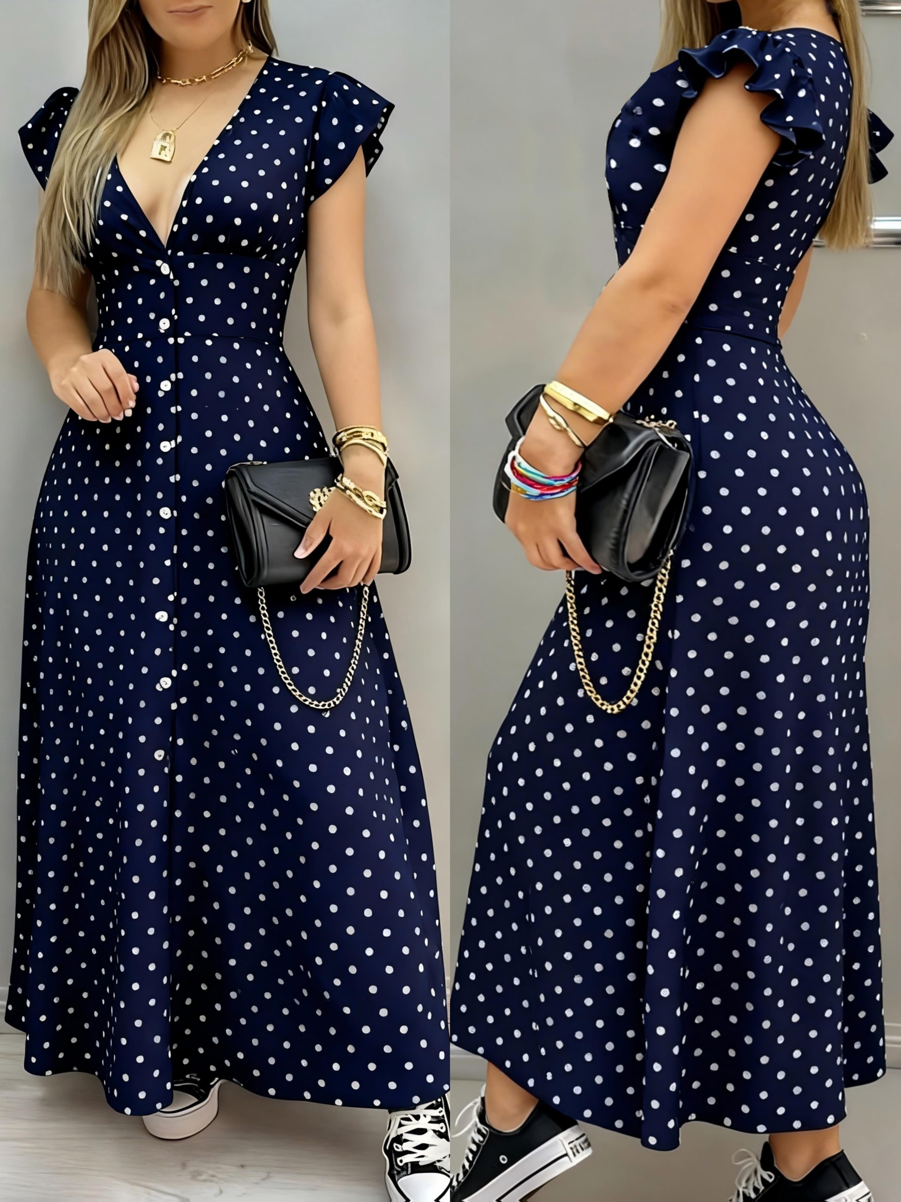 Navy Blue Polka Dot V-neck Ruffle Hem Dress, Vintage Long Dress