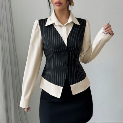 Woman's Black Pinstripe Vest & Cream Shirt Two-in-One Top