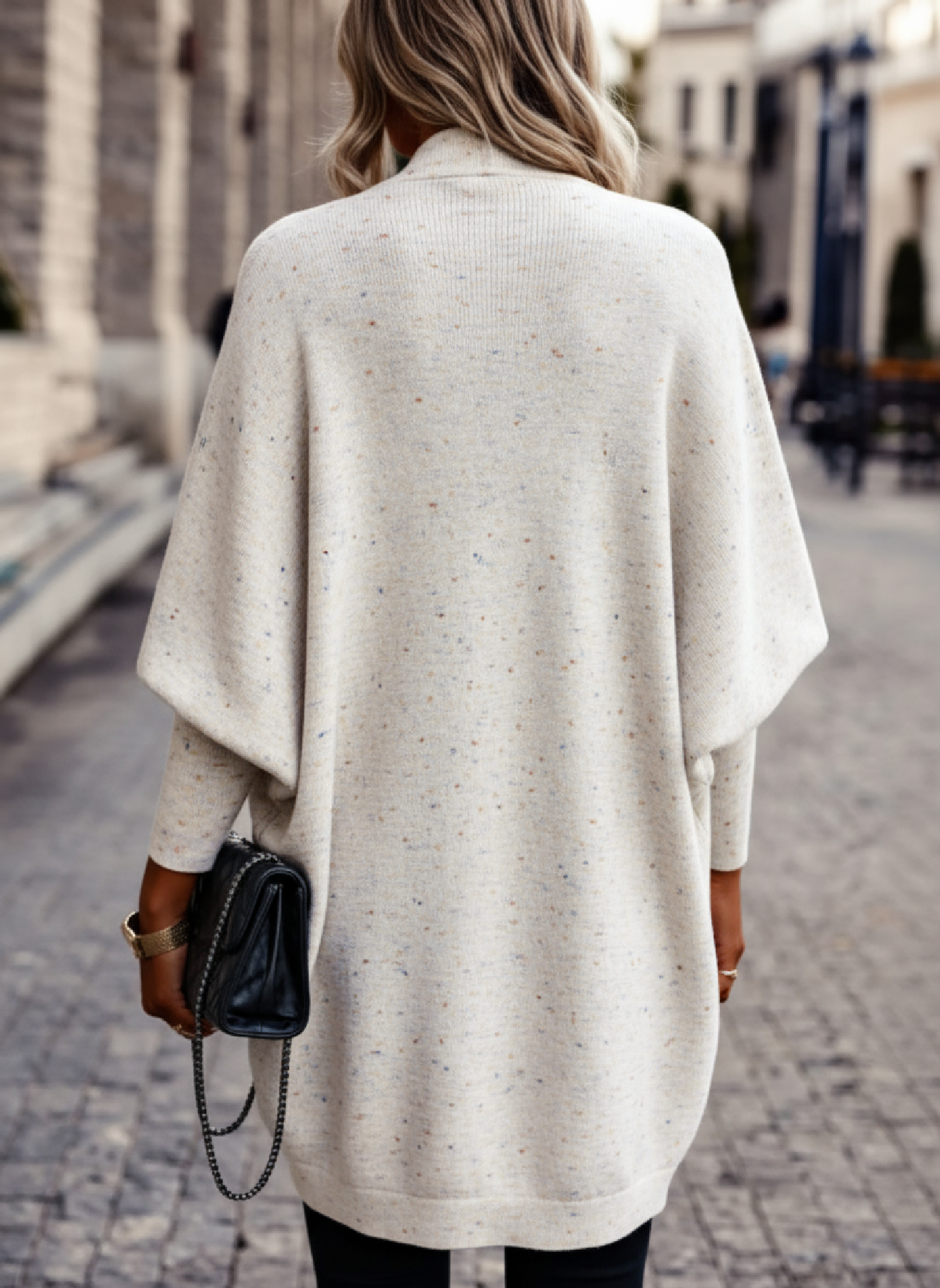 Cárdigan de punto moteado de frente abierta para mujer con mangas batwing-Aegean-sea