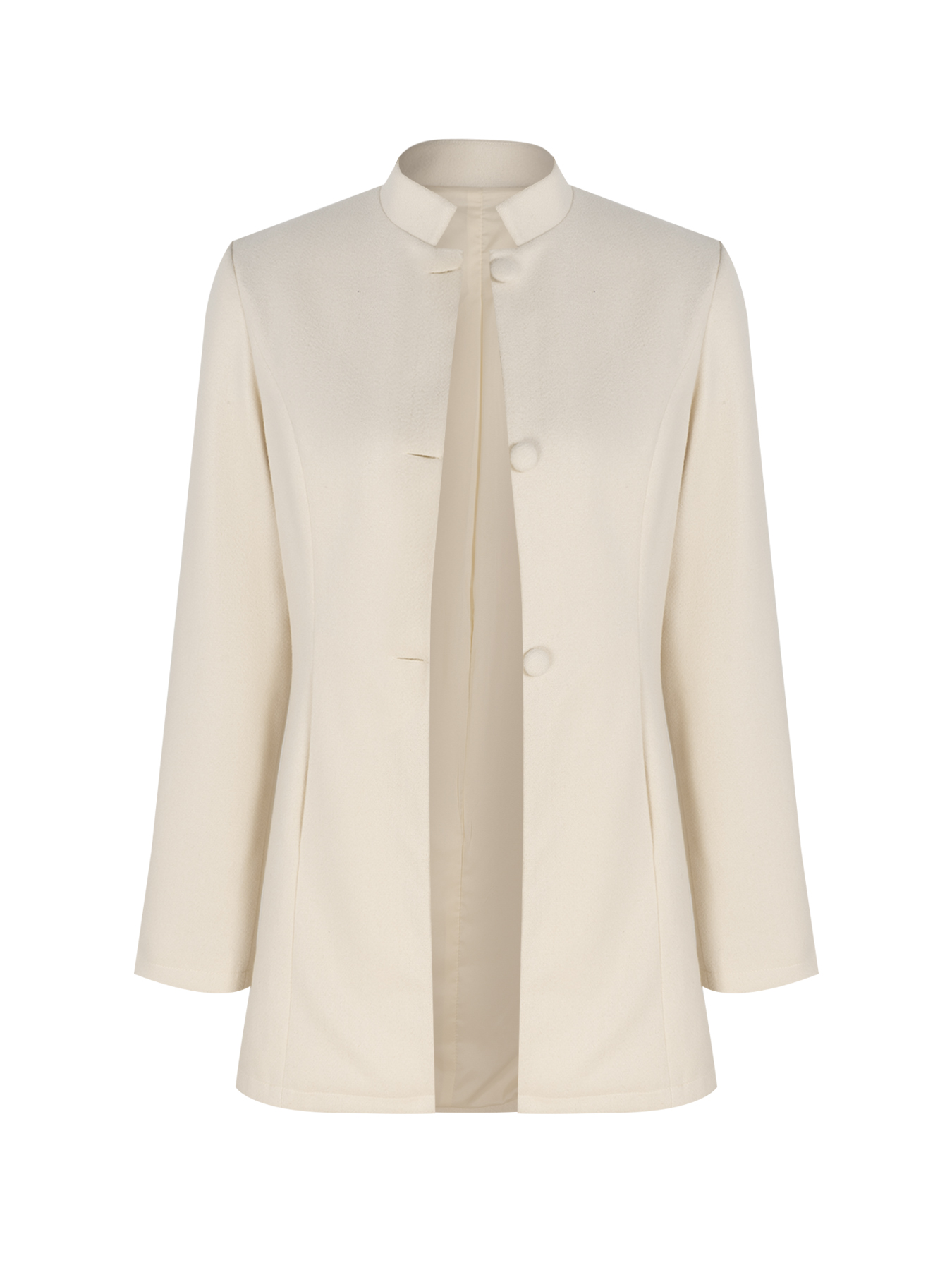 Woman's Cream White Stand Collar Mid-Length Coat with Round Fleece Buttons-Aegean-sea