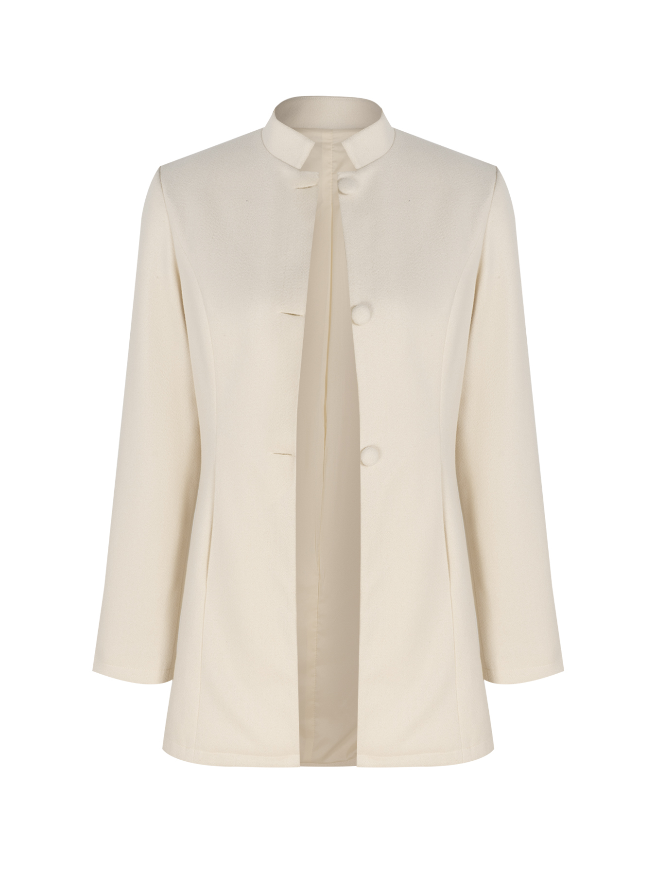 Woman's Cream White Stand Collar Mid-Length Coat with Round Fleece Buttons-Aegean-sea