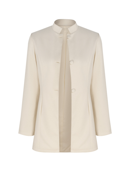 Woman's Cream White Stand Collar Mid-Length Coat with Round Fleece Buttons-Aegean-sea