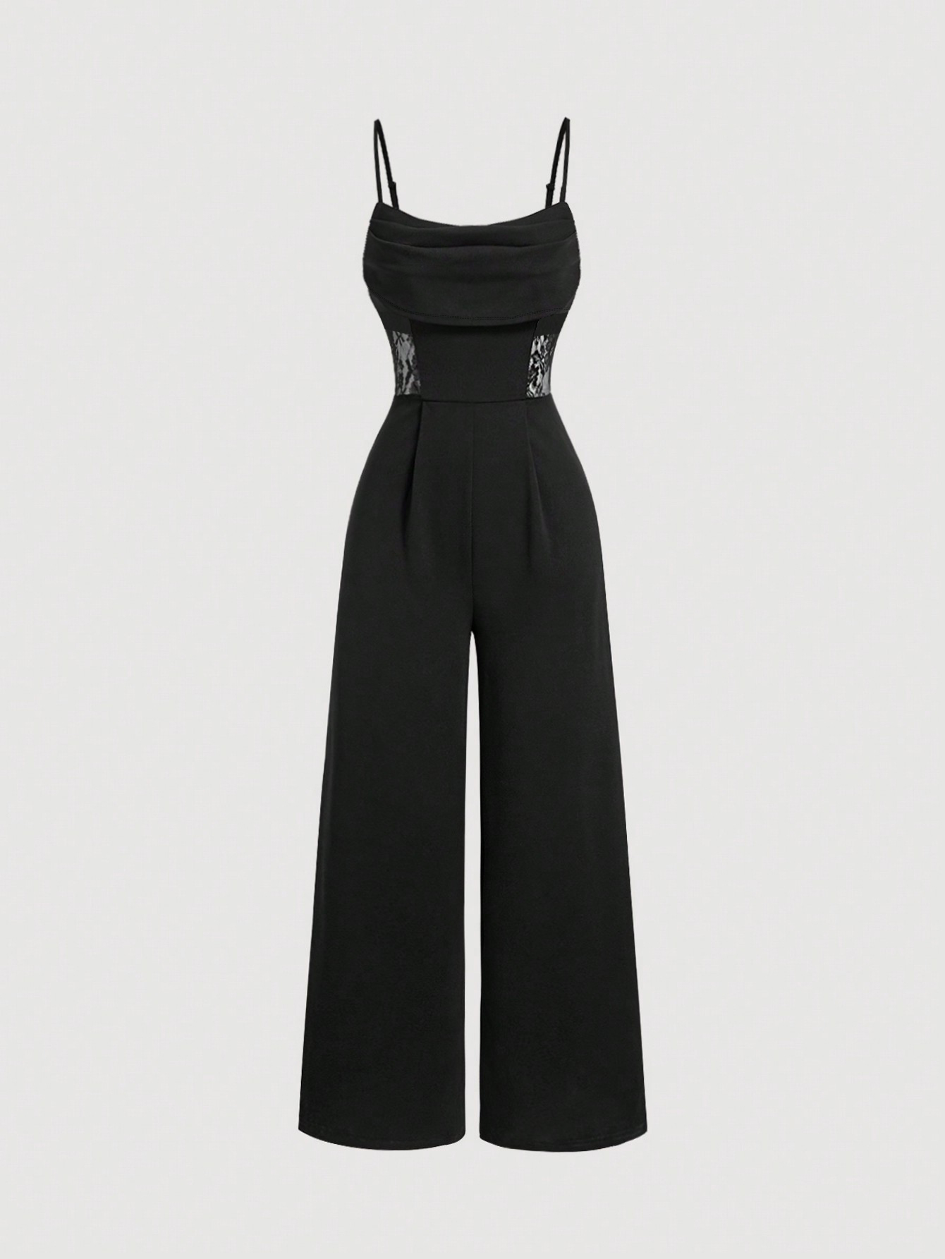 Women's Black Cowl Neck Lace-Insert Wide-Leg Jumpsuit-Aegean-sea