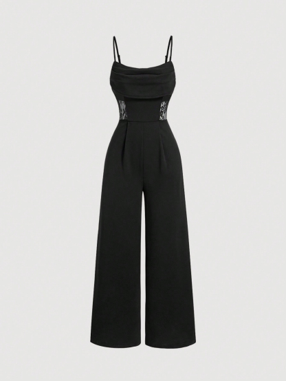 Women's Black Cowl Neck Lace-Insert Wide-Leg Jumpsuit-Aegean-sea