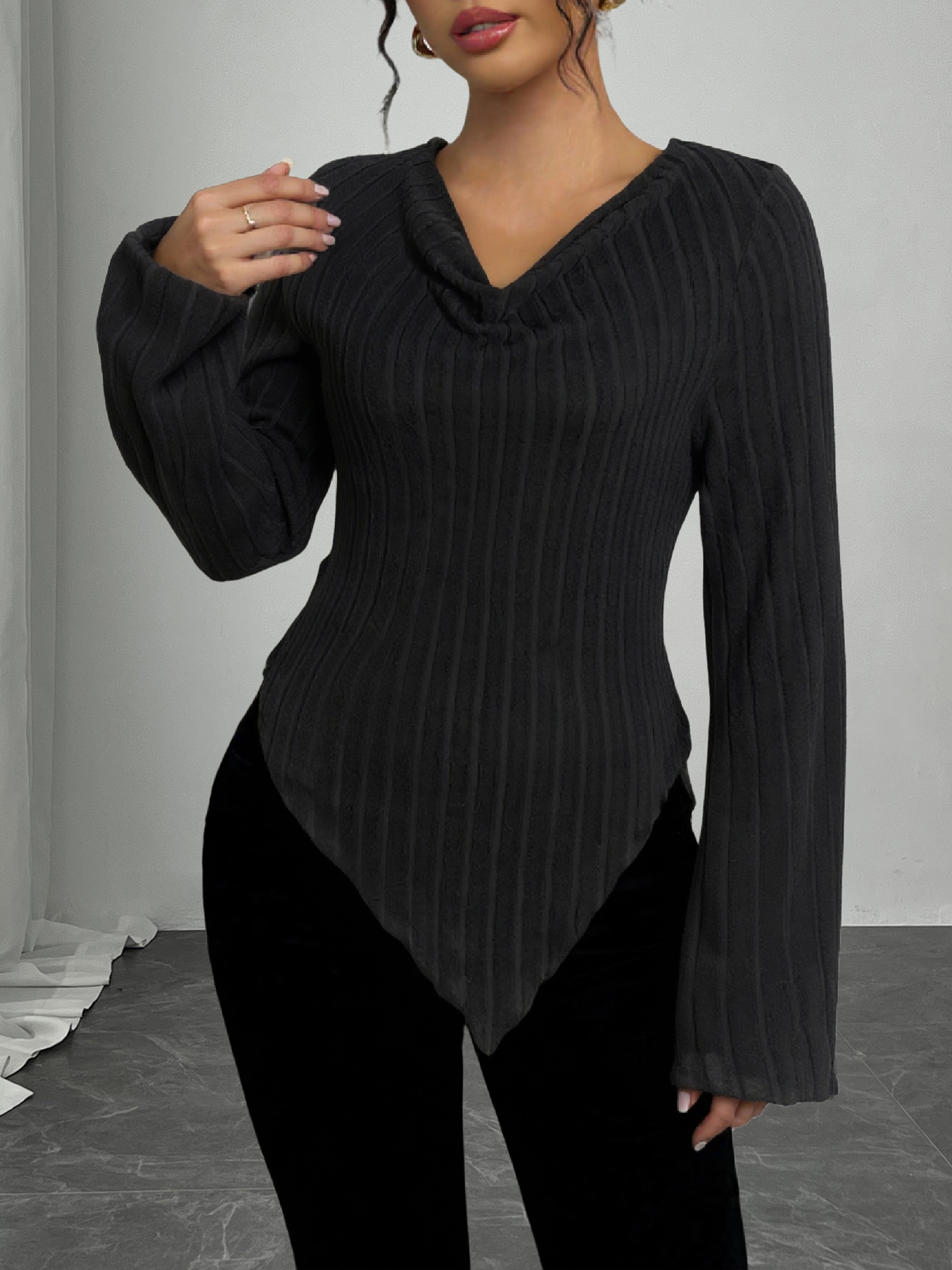 Women's Slim Fit Ribbed Knit Top-Aegean-sea