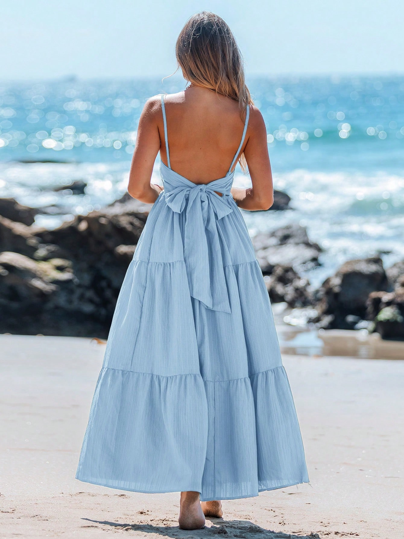 Woman's Back Bow Spaghetti Strap Tiered Maxi Dress : Loose Slimming Elegant Long Dress