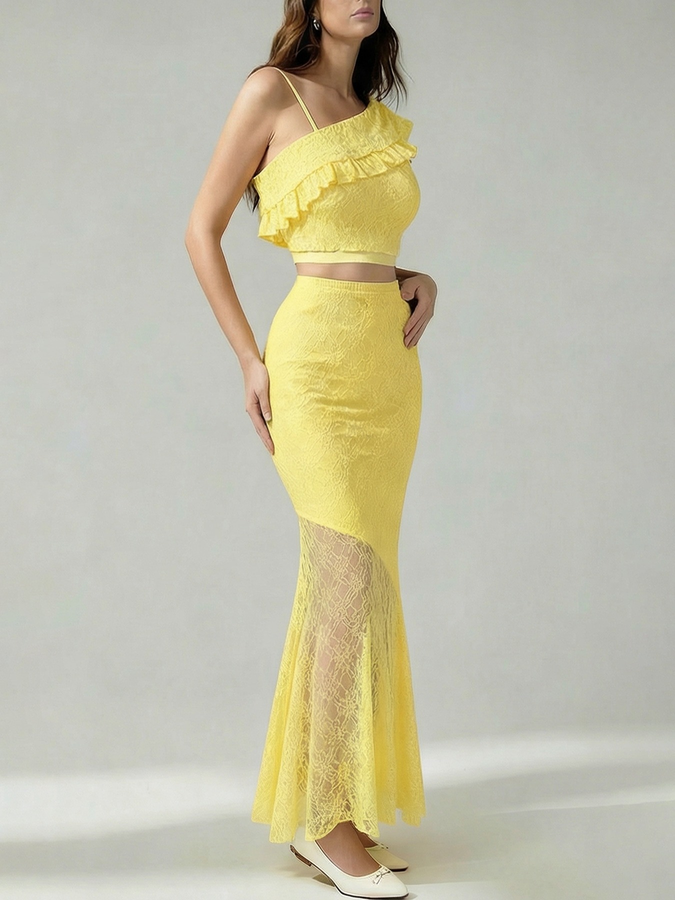 Woman's Light Yellow Lace Cami Top & Sheer Lace High-Waist Maxi Skirt Set