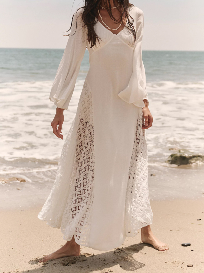 Women's Boho V Neck Long Sleeve Crochet Lace Side Maxi Dress with Tie Back