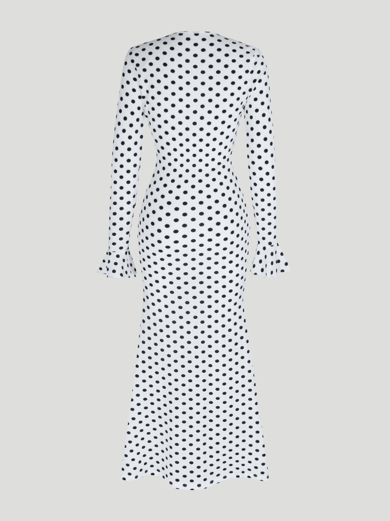 Woman's Black & White Polka Dot V-Neck Bell-Sleeve Tie-Waist Slit Maxi Dress-Aegean-sea