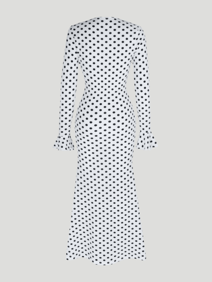 Woman's Black & White Polka Dot V-Neck Bell-Sleeve Tie-Waist Slit Maxi Dress-Aegean-sea
