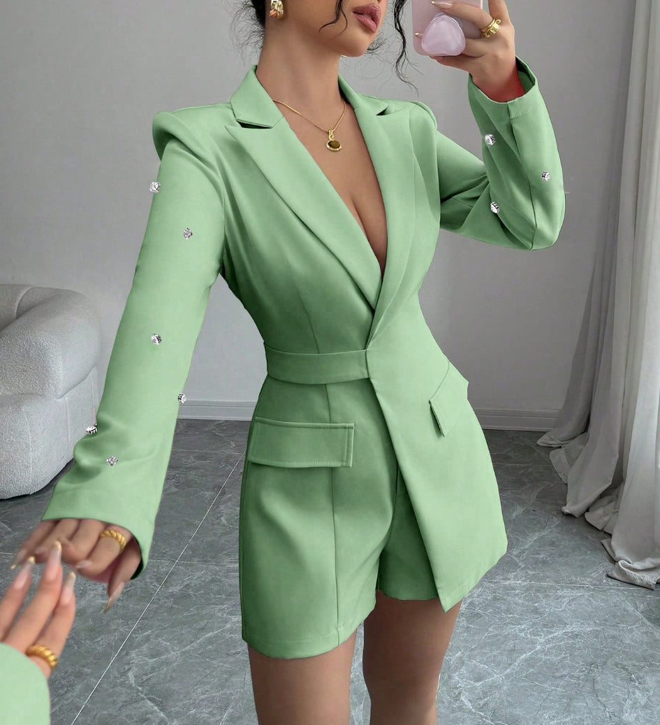 Women's V-neck Button Sleeve Diamond Long Sleeve Slim Fit Jumpsuit-Aegean-sea