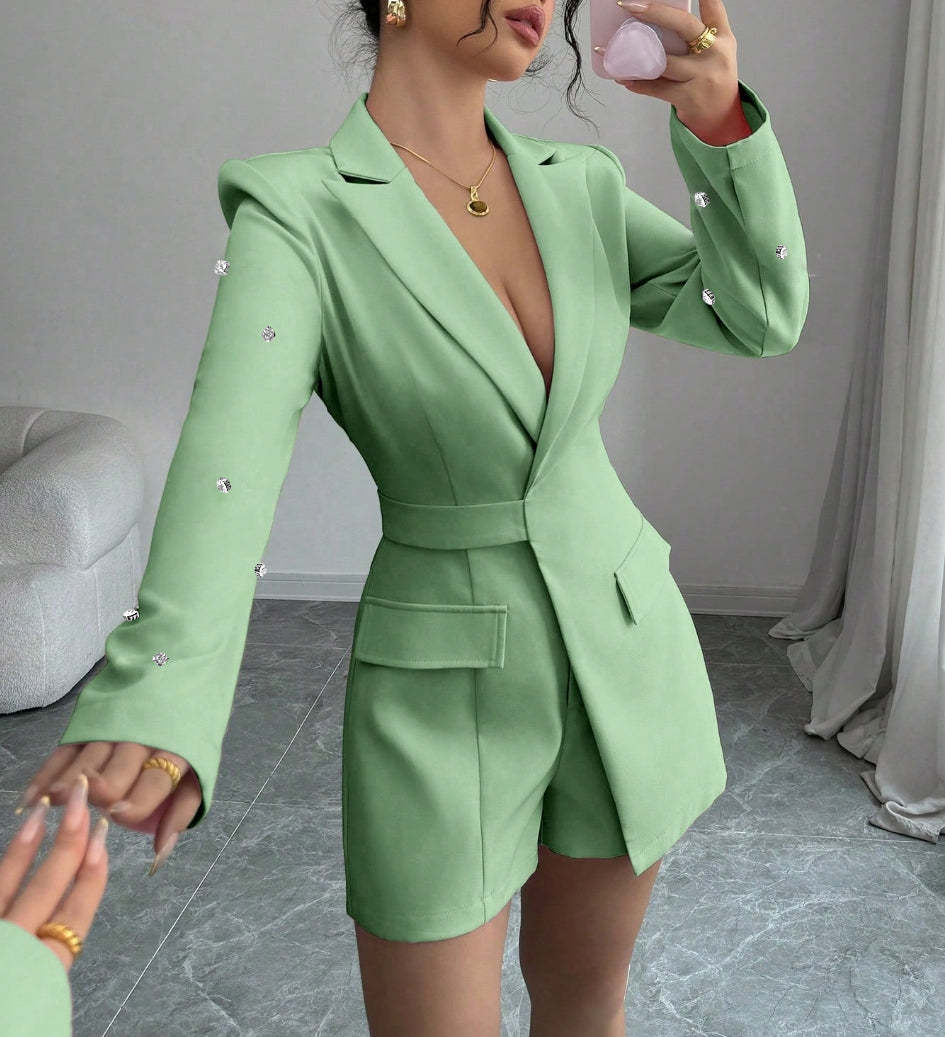 Women's V-neck Button Sleeve Diamond Long Sleeve Slim Fit Jumpsuit-Aegean-sea