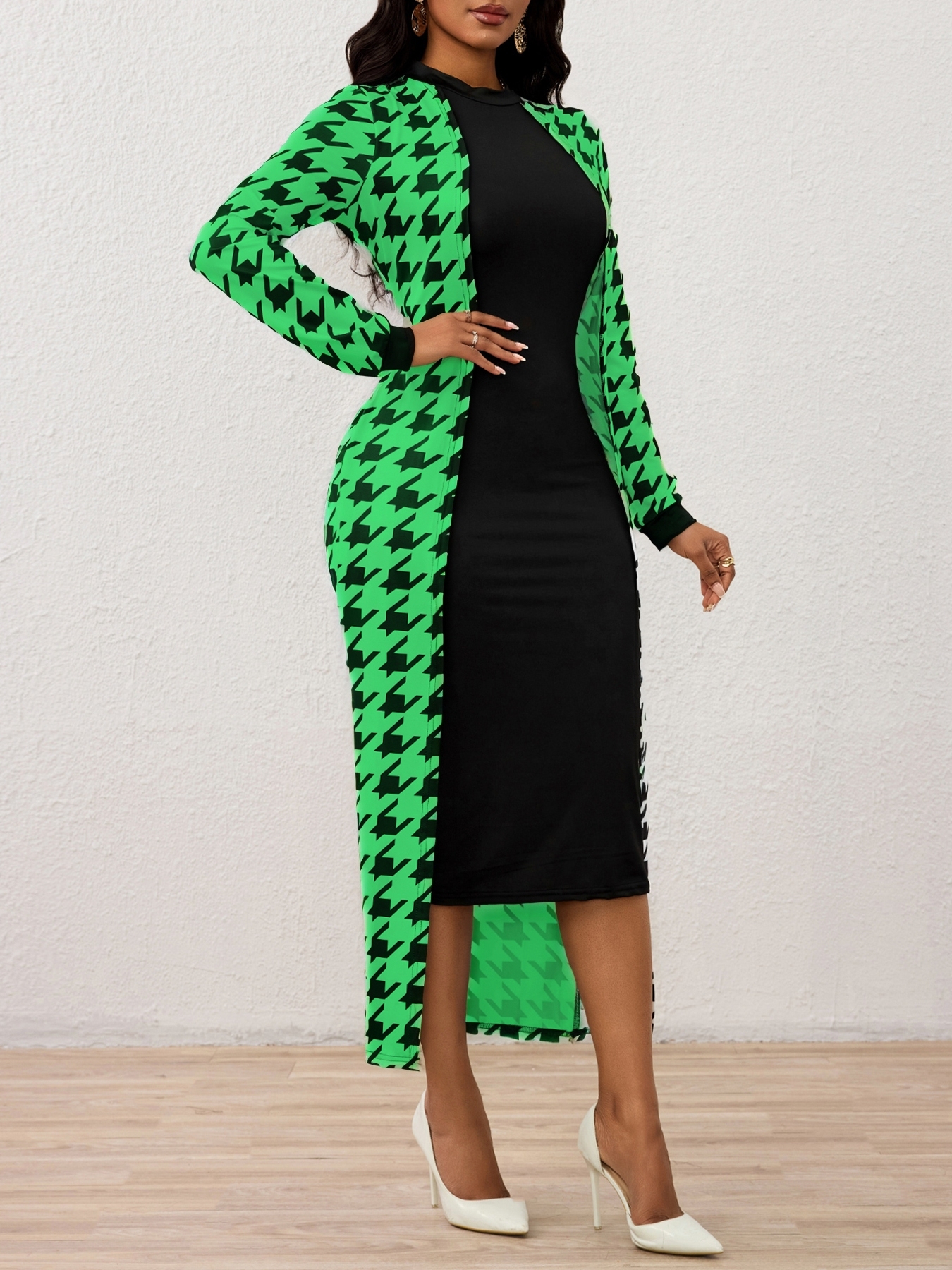 Vestido de cárdigan largo fino de diente de perro para mujeres-Aegean-sea