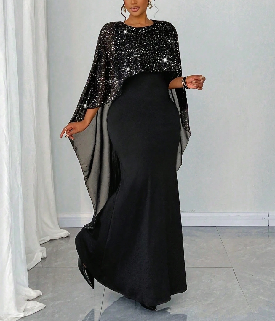 Women's Plus Size Sequin Cape-Sleeve Mermaid Maxi Dress-Aegean-sea