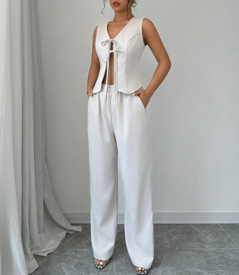 Women's White Lace-Up V-Neck Sleeveless Vest and Wide-Leg Pants Set-Aegean-sea