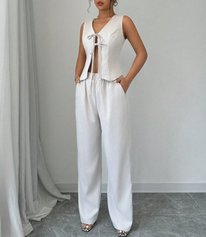 Women's White Lace-Up V-Neck Sleeveless Vest and Wide-Leg Pants Set-Aegean-sea