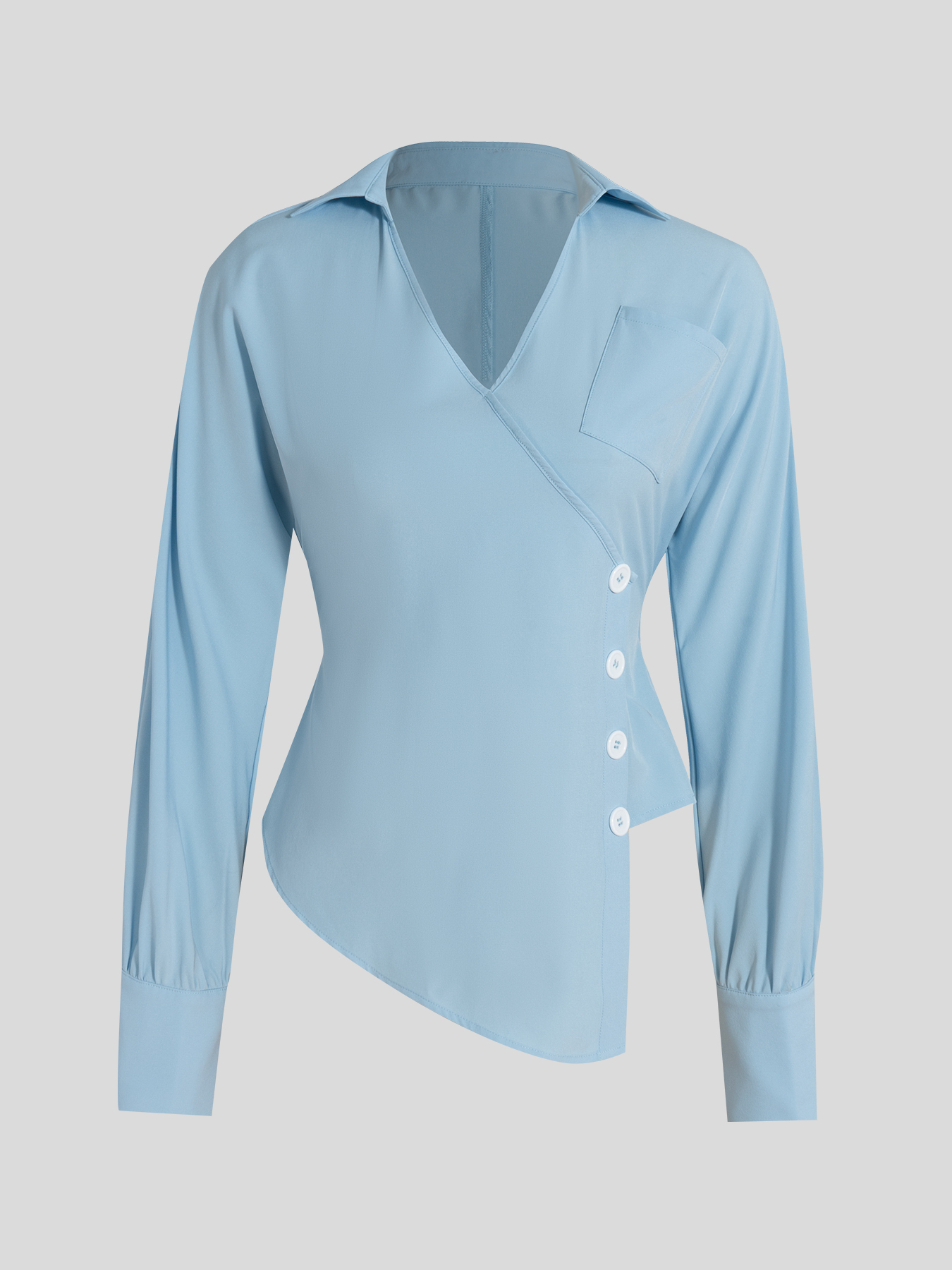 Woman's Light Blue Wrap Blouse with Ruffled Waist, Puff Sleeves and Side Buttons-Aegean-sea