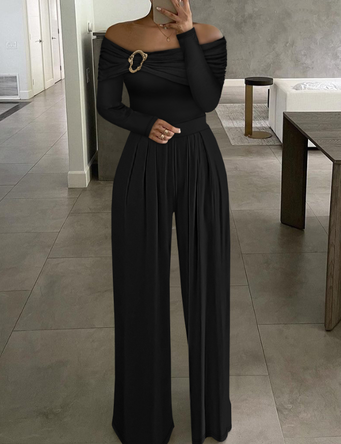 Woman's Off-the-Shoulder Long-Sleeve Embellished Waist Wide-Leg Jumpsuit-Aegean-sea