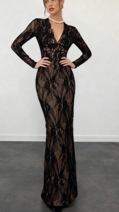 Woman's Black Lace Deep V Long Sleeve Bodycon Maxi Dress