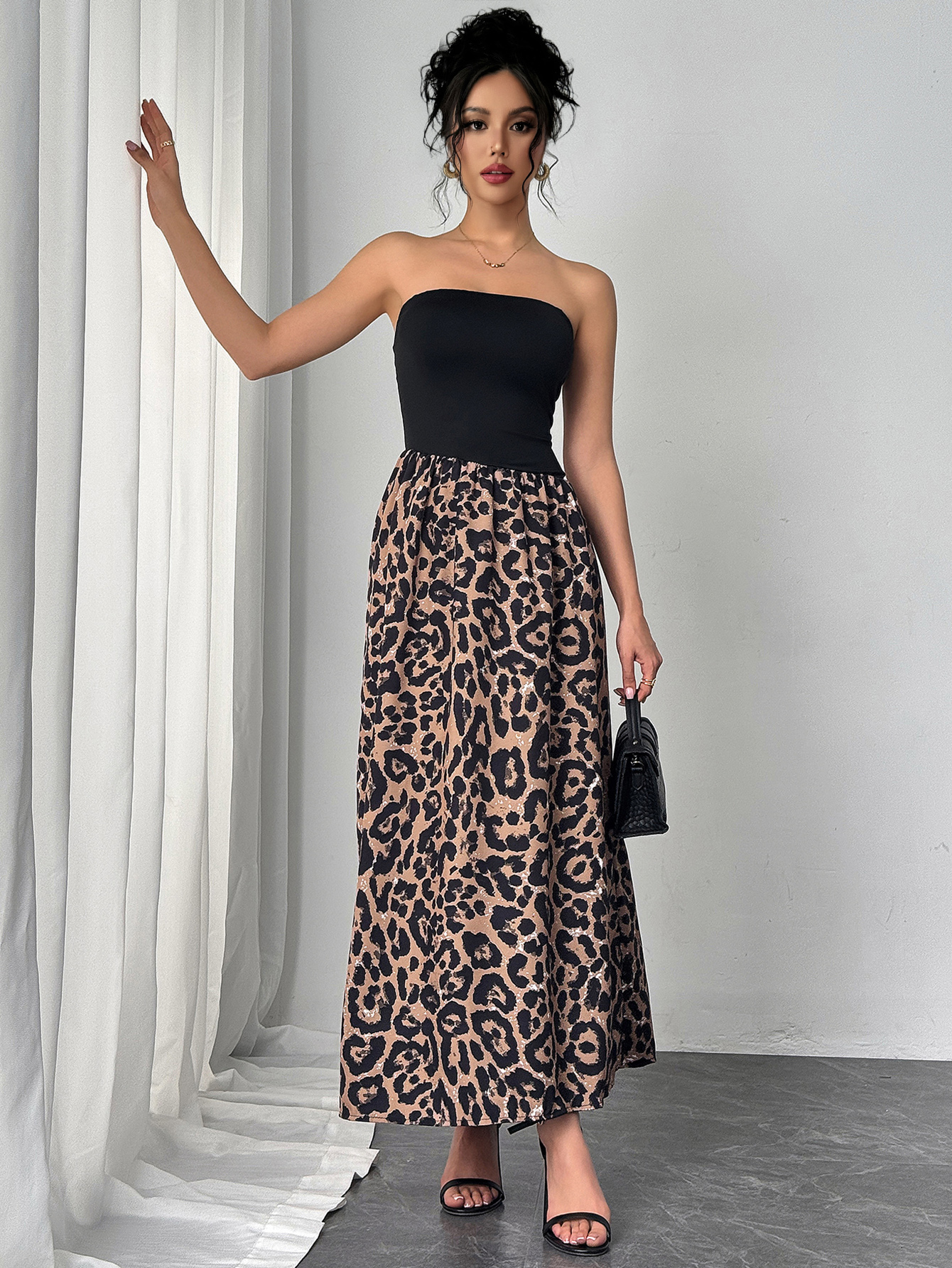Woman's Black Strapless & Leopard Print Sequin Maxi Dress-Aegean-sea