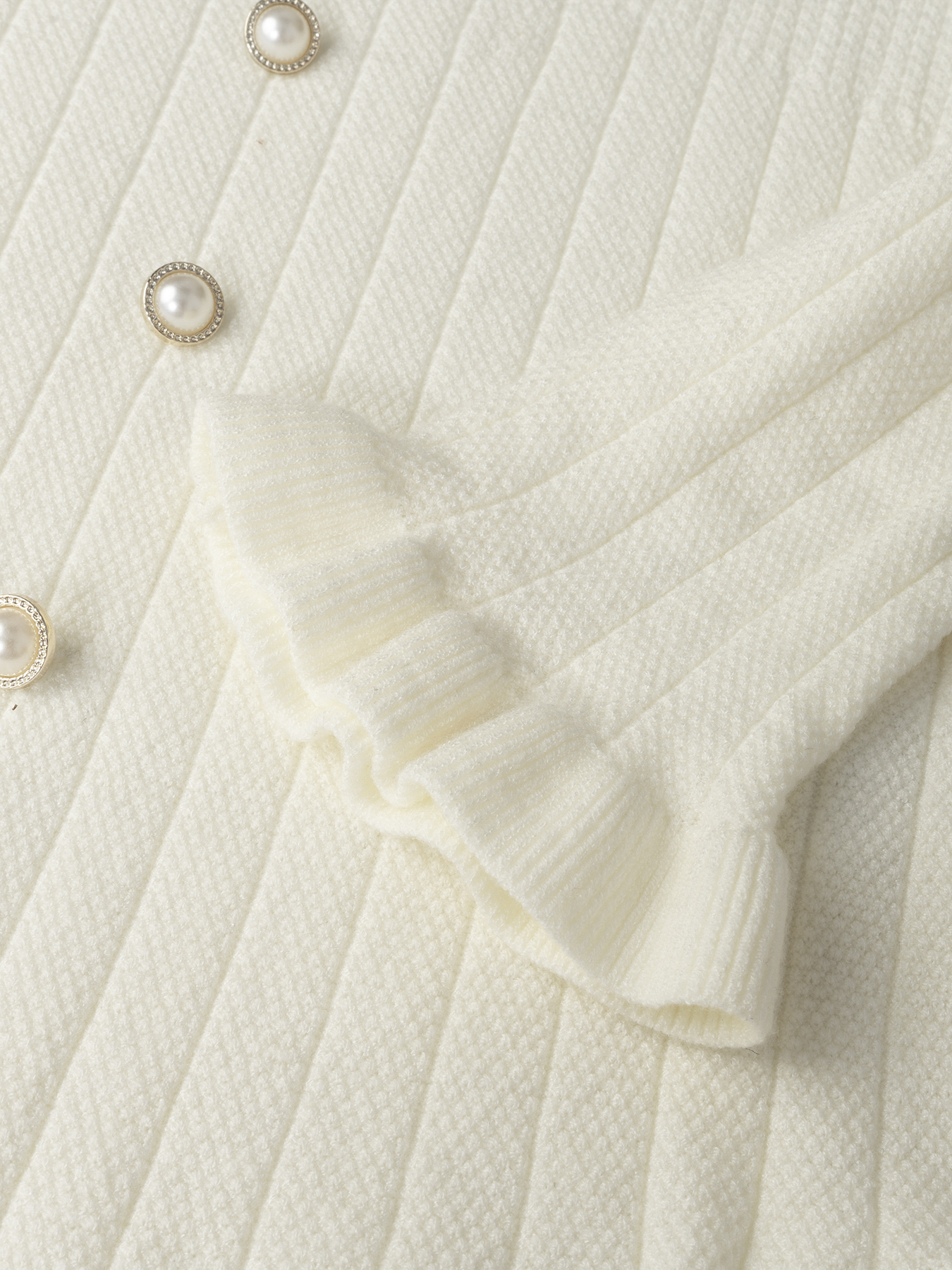 Woman's White Ruffled Square Neck Ribbed Knit Top with Pearl Buttons-Aegean-sea