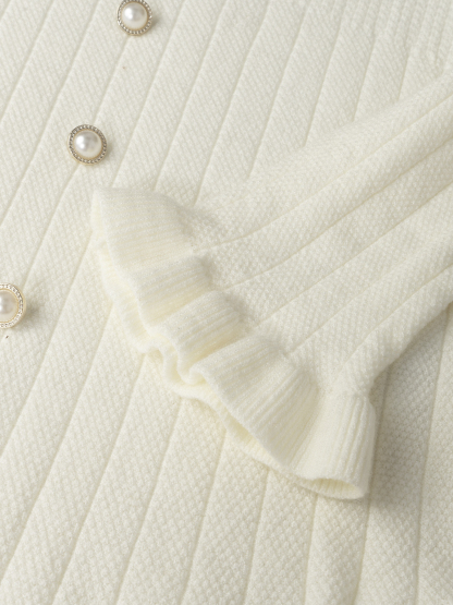 Woman's White Ruffled Square Neck Ribbed Knit Top with Pearl Buttons-Aegean-sea