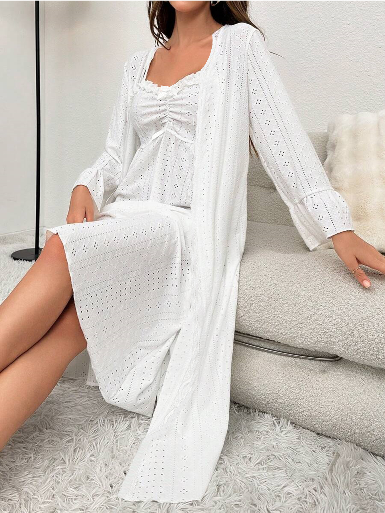 White Eyelet Embroidery Ruffle Camisole Dress & Loose Long Sleeve Cardigan Loungewear Set