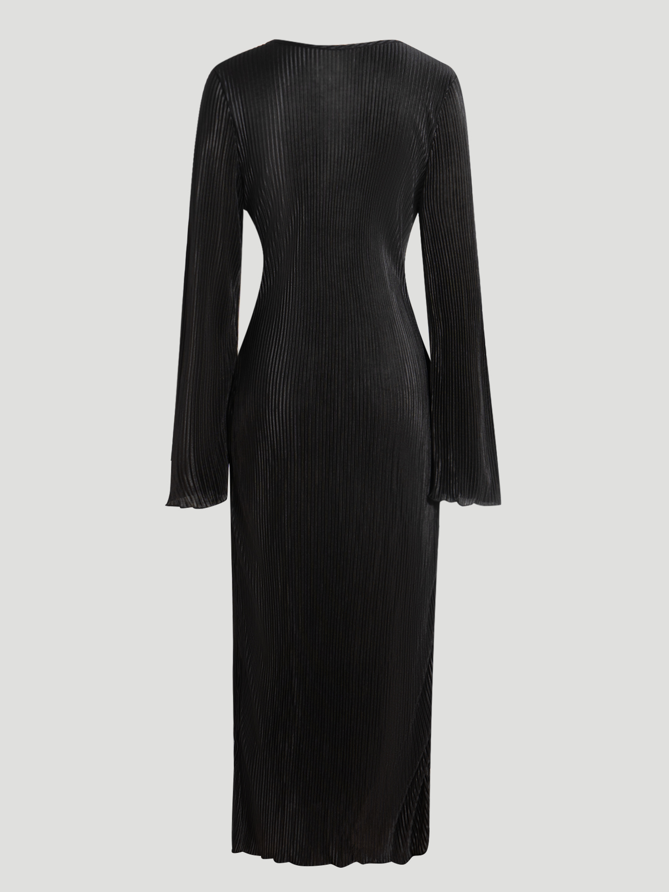 Woman's Long Sleeve Maxi Dress with Bell Sleeves, Vertical Pleats and Side Slit-Aegean-sea