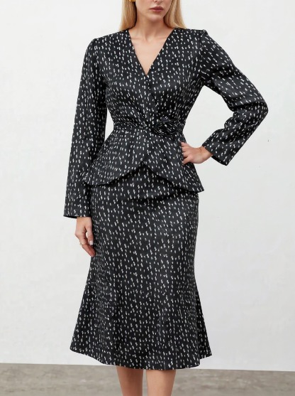 Women's Elegant V Neck Long Sleeve Peplum Top and Mermaid Midi Skirt 2 Piece Outfit with Belt