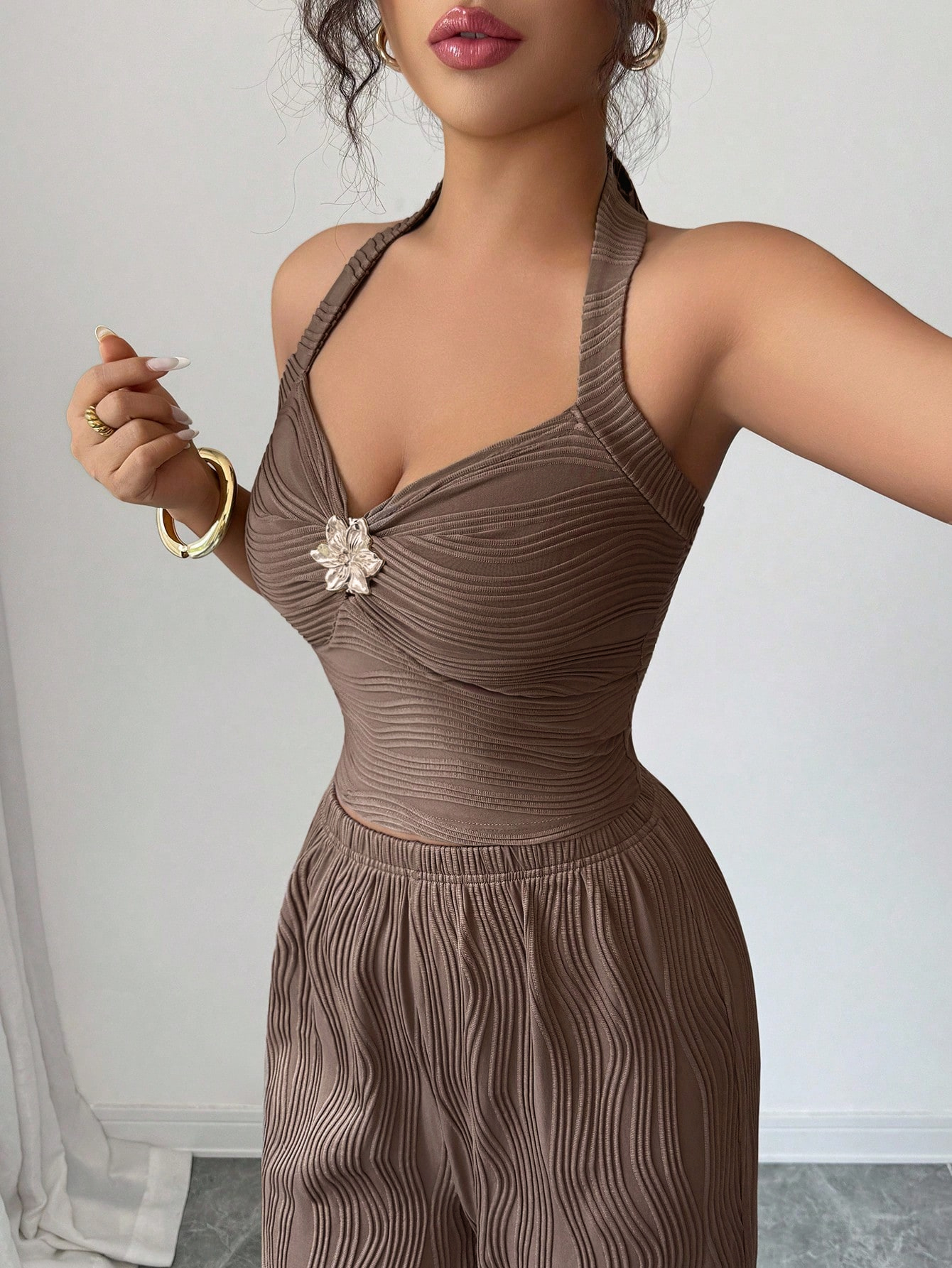 Brown Water Ripple Pattern Chest-Hanging Wide-Leg Set