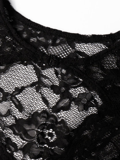 Woman's Black Lace Chest Cutout Cropped Top | Sexy Deep V Fitted Long-Sleeve Hot Girl Inner Wear-Aegean-sea