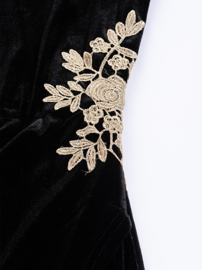 Black Velvet Lace Dress Split-Cut Long Dress Dress Sexy Long-Sleeve Bundle Tail Dress with Dinner Party Attitude