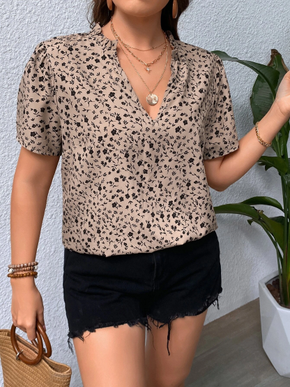 Woman's Light Khaki Black Ditsy Floral V-Neck Short-Sleeve Top | Loose Drape Chiffon Office Blouse-Aegean-sea