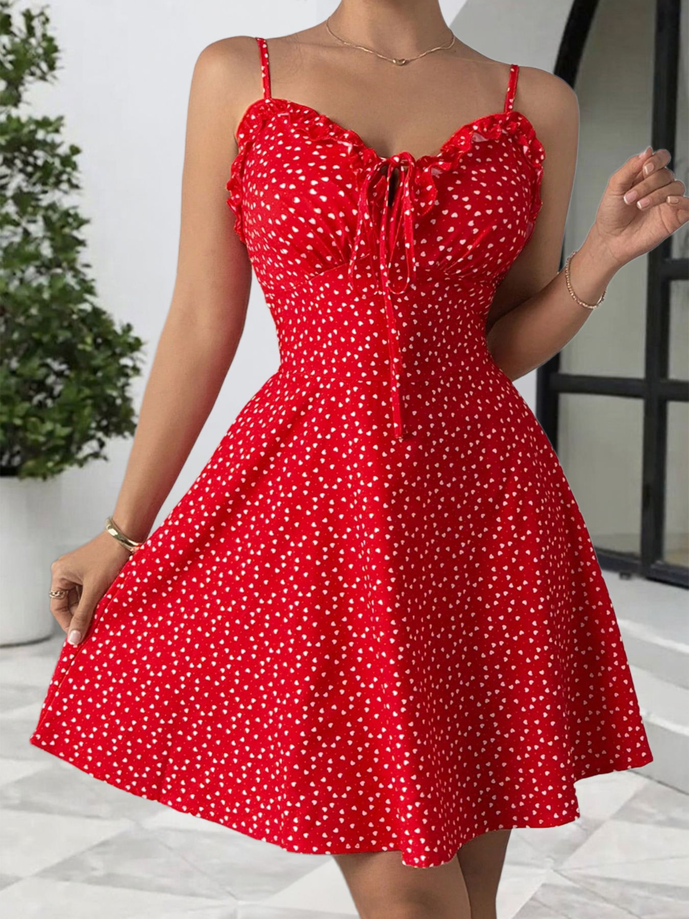 Woman's Red Heart Print Spaghetti Strap Sweetheart Neck Mini Dress-Aegean-sea