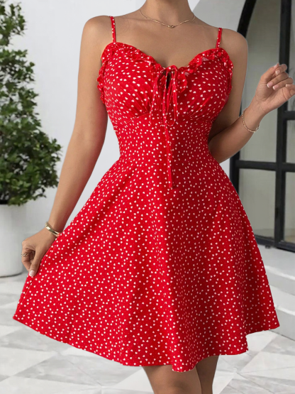 Woman's Red Heart Print Spaghetti Strap Sweetheart Neck Mini Dress-Aegean-sea