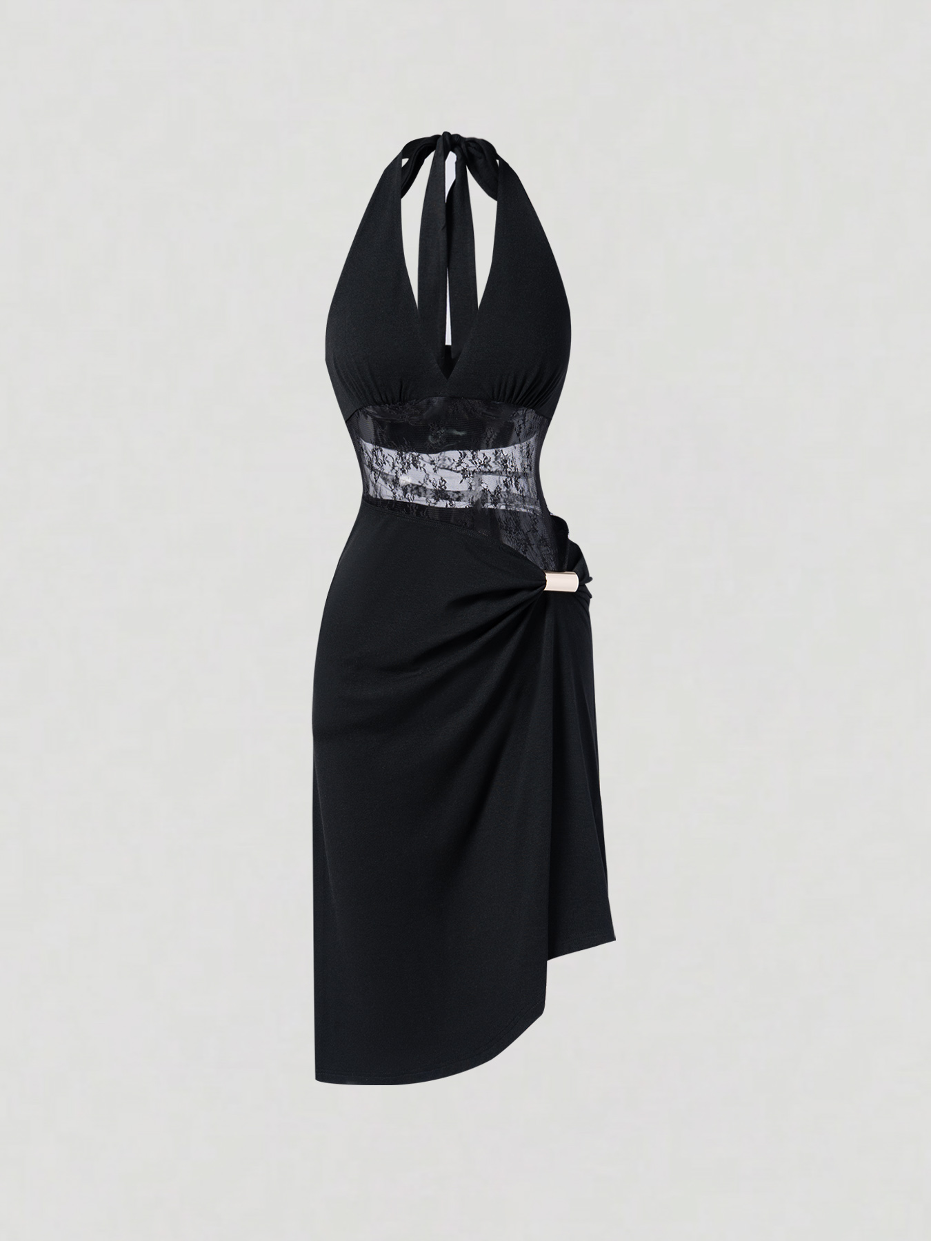 2026 Spring/Summer New Style Sexy Halter Neck Lace Splicing Asymmetric Waist-Fitted Dress