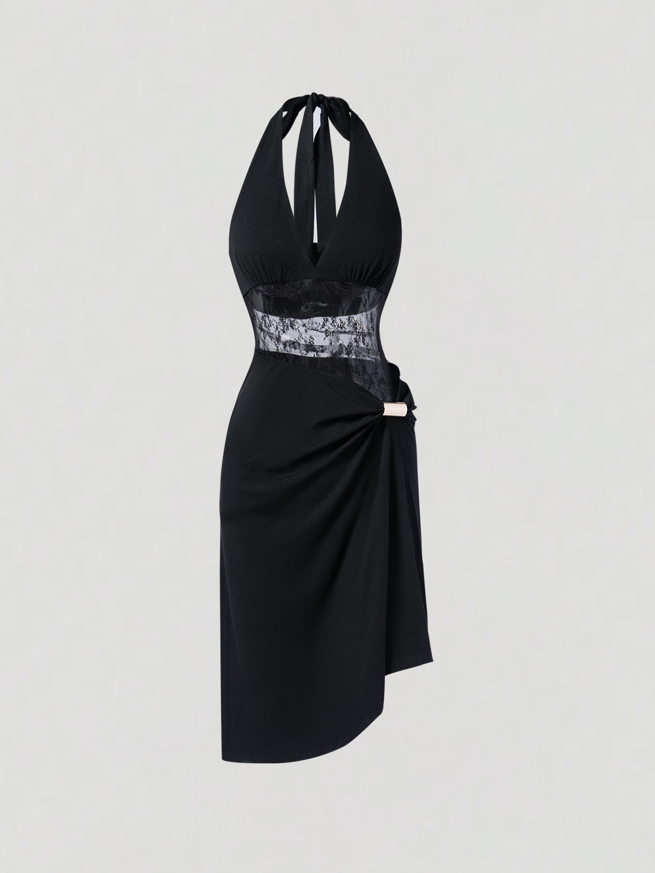 2026 Spring/Summer New Style Sexy Halter Neck Lace Splicing Asymmetric Waist-Fitted Dress