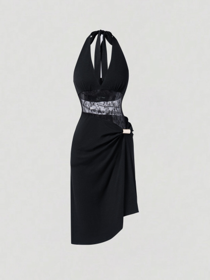 2026 Spring/Summer New Style Sexy Halter Neck Lace Splicing Asymmetric Waist-Fitted Dress