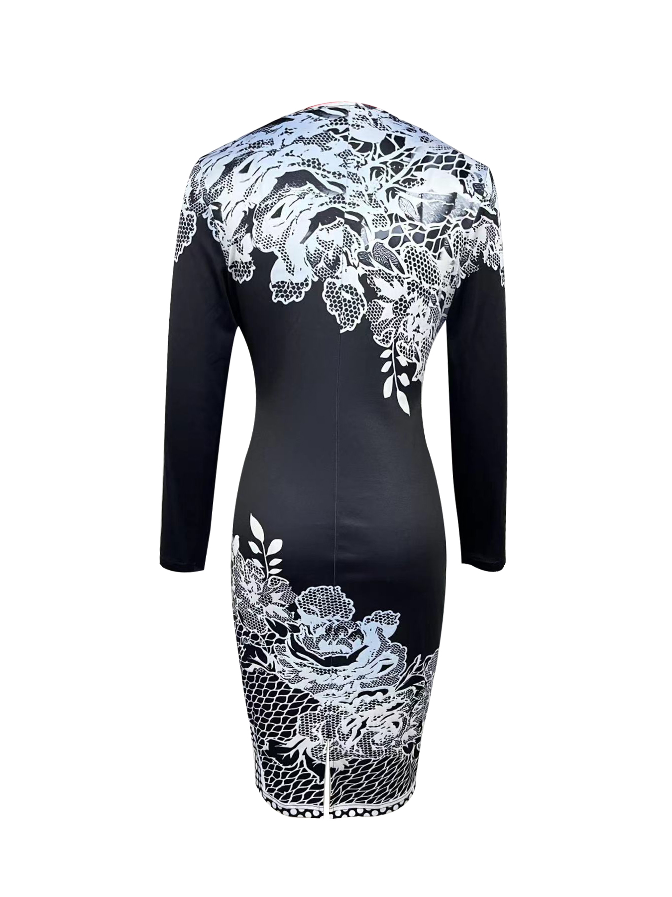 Woman's Black & White Lace Floral Print Long-Sleeve Bodycon Midi Dress-Aegean-sea
