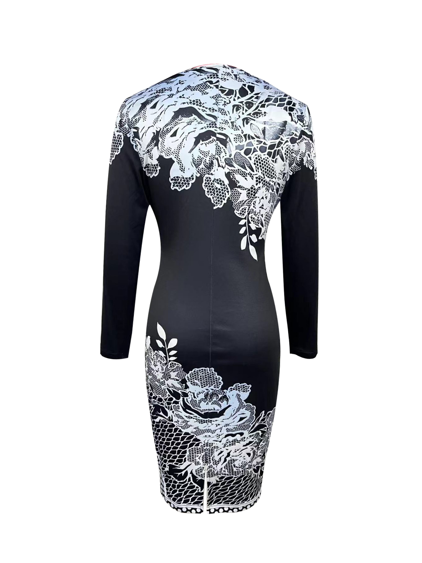 Woman's Black & White Lace Floral Print Long-Sleeve Bodycon Midi Dress-Aegean-sea
