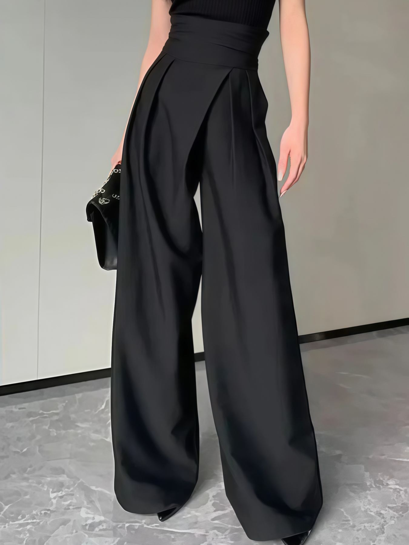 Black Pleated High Waist Wide Leg Pants-Aegean-sea