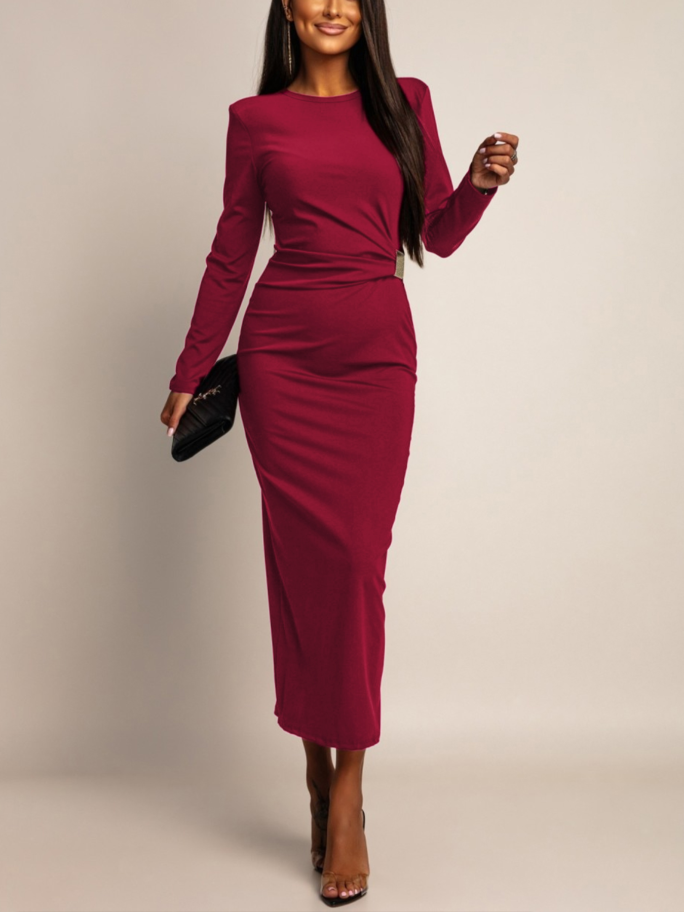 Woman's Burgundy Long-Sleeve Ruched Waist Midi Sheath Dress-Aegean-sea