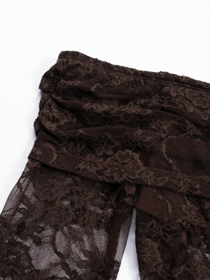 Brown single-shoulder lace through long-sleeved tailored top