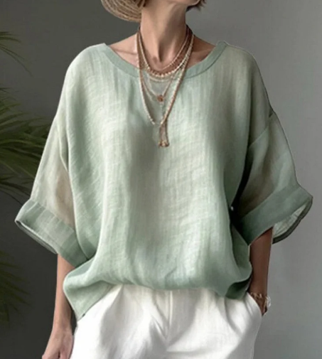 Women's Light Green Loose Fit Short Sleeve Top-Aegean-sea