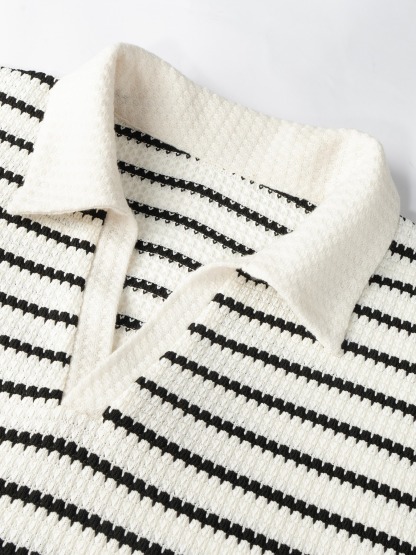 Black and white striped suit Polo collar long-sleeved shirt, wide-legged trousers two sets for casual commute