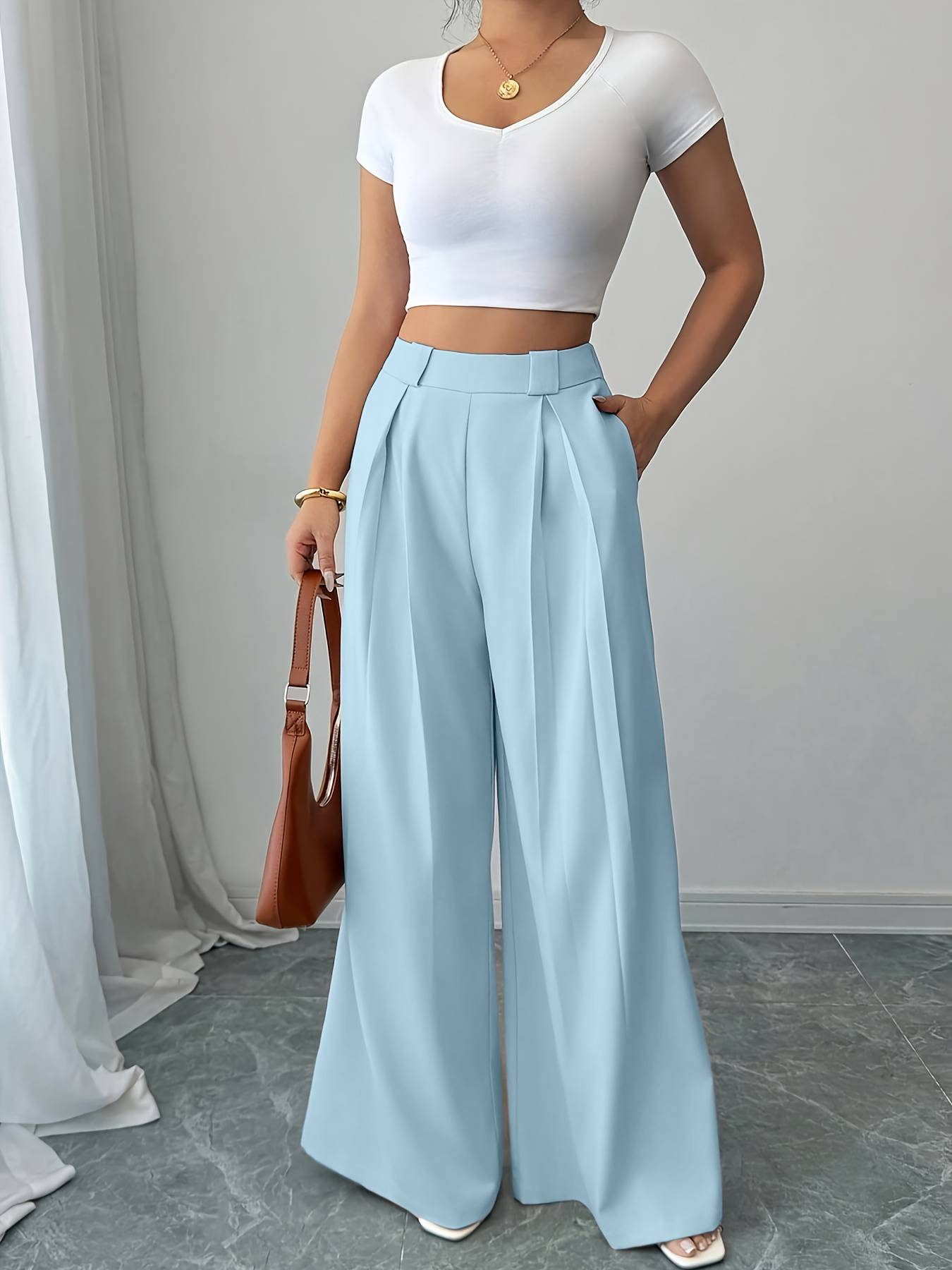 Pantalones anchos de cintura alta de color rosa para mujer-Aegean-sea