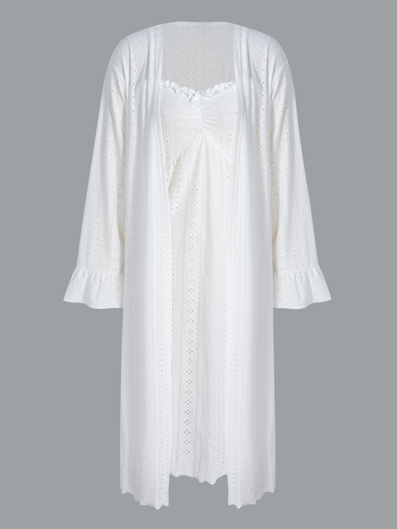 White Eyelet Embroidery Ruffle Camisole Dress & Loose Long Sleeve Cardigan Loungewear Set